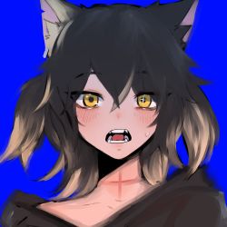 Rule 34 | 1girl, animal ear fluff, animal ears, bad id, bad twitter id, black hair, black sweater, blue background, blush, cat ears, cat girl, crossed bangs, daiishori, expressionless, eyes visible through hair, hair between eyes, highres, looking at viewer, medium hair, open mouth, original, portrait, scar, simple background, solo, sweat, sweater, symbol-shaped pupils, tsurime, upper body, yellow eyes