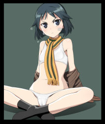 Rule 34 | 10s, 1girl, :&lt;, arm support, bandages, bandage on face, bandaid, bandaid on face, black border, black eyes, black hair, border, bra, brave witches, breasts, cameltoe, caryo, gloves, kanno naoe, nanashino, navel, off shoulder, panties, short hair, sitting, small breasts, solo, sports bra, underwear, white bra, white panties, world witches series