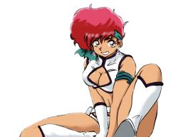 Rule 34 | 1girl, armlet, boots, breasts, brown eyes, cleavage, cleavage cutout, clothing cutout, crop top, dirty pair, e3yfredbqx1k7dd, earrings, green ribbon, hair ribbon, jewelry, kei (dirty pair), knee boots, knee up, looking at viewer, medium breasts, medium hair, pink hair, ribbon, short shorts, shorts, simple background, sitting, smile, solo, tank top, teeth, white background, white footwear, white shorts, white tank top