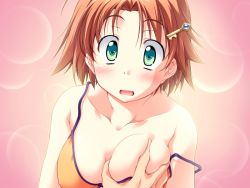 Rule 34 | 1girl, bikini, blush, breasts, brown hair, game cg, grabbing, grabbing another&#039;s breast, green eyes, hair ornament, hairclip, large breasts, looking at viewer, open mouth, short hair, simple background, solo, surprised, swimsuit, takeya masami, te to te try on