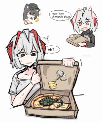 Rule 34 | 2girls, ahoge, anger vein, arknights, booby trap, commentary, cropped torso, emoji, english commentary, english text, explosive, food, grenade, grenade pin, grey hair, grey shirt, highres, multiple girls, multiple views, orange eyes, pinching gesture, pizza, pizza box, shirt, short hair, short sleeves, simple background, speech bubble, t-shirt, texas (arknights), tunaplus c, uber eats, upper body, w (arknights), white background