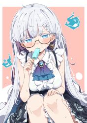 1girl ascot black_skirt blue_ascot blue_brooch blue_eyes blush breasts center_frills colored_inner_hair earrings food food_in_mouth frills glasses grey_hair highres holding holding_food holding_popsicle indie_virtual_youtuber jewelry large_breasts long_hair looking_at_viewer multicolored_hair nochinoyo_fuyu popsicle popsicle_in_mouth semi-rimless_eyewear shirt skirt sleeveless sleeveless_shirt solo sweat totomono virtual_youtuber white_shirt