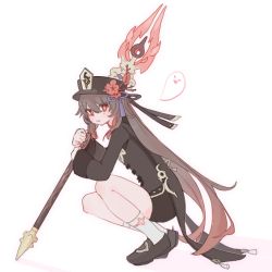 Rule 34 | 1girl, boo tao (genshin impact), brown coat, brown footwear, brown hair, brown hat, brown shorts, coat, coattails, commentary request, flower, full body, genshin impact, gradient hair, hat, hat flower, hat tassel, highres, holding, holding polearm, holding weapon, hu tao (genshin impact), long hair, looking at viewer, multicolored hair, piri, plum blossoms, polearm, red eyes, red flower, red hair, shoes, shorts, simple background, socks, solo, squatting, staff of homa (genshin impact), talisman, twintails, very long hair, weapon, white background, white socks