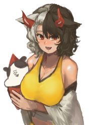 Rule 34 | 1girl, absurdres, animal ears, black hair, breasts, chanta (ayatakaoisii), cleavage, cow ears, cow horns, grey hair, highres, horns, large breasts, multicolored hair, open mouth, red eyes, red horns, simple background, smile, solo, split-color hair, touhou, two-tone hair, upper body, ushizaki urumi, white background