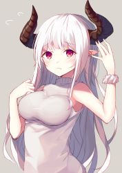 Rule 34 | 1girl, arm up, armpits, bare shoulders, breasts, demon girl, demon horns, dress, grey background, hand up, horns, large breasts, long hair, looking at viewer, original, pointy ears, red eyes, scrunchie, sidelocks, simple background, sleeveless, sleeveless dress, solo, sweater, sweater dress, tsuzaki tsunomi, upper body, white dress, white hair, wrist scrunchie