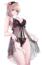 Rule 34 | 1girl, absurdres, animal ears, blue eyes, blunt bangs, bow, breasts, cat ears, cat tail, commentary, facial mark, final fantasy, final fantasy xiv, floral print, hair bow, highres, kurosawa itsuki, lingerie, long hair, miqo&#039;te, navel, nightgown, nightgown lift, panties, ponytail, simple background, slit pupils, solo, square enix, tail, tail around own leg, underwear, warrior of light (ff14), white background