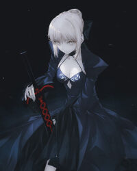 Rule 34 | 1girl, artoria pendragon (all), artoria pendragon (fate), black dress, blonde hair, braid, breasts, cleavage, dress, fate (series), fov ps, french braid, looking at viewer, medium breasts, saber alter, solo, sword, weapon, yellow eyes
