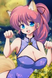 1girl animal_ears bell blue_eyes breasts cleavage cleavage_cutout clothing_cutout dress fox_ears fox_tail highres large_breasts long_hair moon open_mouth ponytail ranma-chan ranma_1/2 red_hair saotome_ranma solo tail uehara_doh