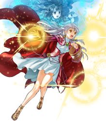 Rule 34 | 2girls, cape, circlet, curly hair, dress, fire emblem, fire emblem: radiant dawn, fire emblem heroes, full body, grey background, highres, kita senri, long hair, magic, micaiah (fire emblem), multiple girls, nintendo, non-web source, official art, open mouth, sandals, sparkle, teeth, transparent background, white hair, wide sleeves, yellow eyes, yune (fire emblem)