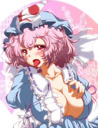 Rule 34 | 1girl, arm ribbon, blue dress, blush, breasts squeezed together, breasts, cleaver, collarbone, dress, female focus, hand on own chest, hat, highres, large breasts, long sleeves, open clothes, open dress, open mouth, pink hair, red eyes, ribbon, saigyouji yuyuko, short hair, solo, tongue, tongue out, touhou, triangular headpiece, upper body, veil, zan (harukahime)