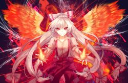 Rule 34 | 1girl, black background, bow, collared shirt, commentary, fiery wings, fire, fujiwara no mokou, grey hair, hair bow, long hair, looking at viewer, mirimo, ofuda, ofuda on clothes, pants, pyrokinesis, red eyes, red pants, shirt, simple background, smile, solo, suspenders, torn clothes, torn sleeves, touhou, white shirt, wings
