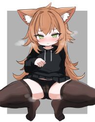 Rule 34 | 1girl, ahoge, animal ear fluff, animal ears, black hoodie, black panties, blush, bow, bow panties, brown hair, brown thighhighs, cameltoe, character request, closed mouth, commentary request, drawstring, green eyes, grey background, hair intakes, hood, hood down, hoodie, indie virtual youtuber, no shoes, nose blush, panties, sa ka (sakanoya), solo, spread legs, squatting, thighhighs, two-tone background, underwear, virtual youtuber, white background