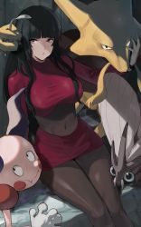 Rule 34 | 1girl, alakazam, bent spoon, black hair, blunt bangs, bodysuit, breasts, commentary, covered navel, creatures (company), cropped jacket, game freak, gen 1 pokemon, gloves, hand up, highres, j@ck, jacket, long hair, long sleeves, looking at viewer, mr. mime, nintendo, pokemon, pokemon (creature), pokemon frlg, red eyes, red jacket, red skirt, sabrina (pokemon), sidelocks, sitting, skirt, spoon, turtleneck, turtleneck jacket, venomoth, white gloves