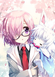 Rule 34 | 1girl, :o, blush, fate/grand order, fate (series), fou (fate), glasses, hair over one eye, looking at another, mash kyrielight, necktie, open mouth, purple eyes, purple hair, red necktie, shimesaba kohada, short hair, upper body