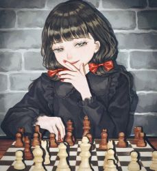 Rule 34 | 1girl, bad id, bad twitter id, bishop (chess), black hair, black shirt, board game, bow, chess, chess piece, chessboard, frilled shirt, frilled shirt collar, frilled sleeves, frills, hair bow, hand up, king (chess), knight (chess), long hair, long sleeves, nail polish, original, parted lips, pawn (chess), queen (chess), red bow, red nails, rook (chess), shirt, smile, solo, utsuwa0120