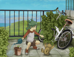 Rule 34 | 1girl, balcony, bicycle, blue sky, blush, brown shorts, bush, child, flat tire, flower pot, green hair, holding, holding watering can, horizon, koiwai yotsuba, landscape, long sleeves, mountainous horizon, panorama, plant, potted plant, quad tails, red footwear, red shirt, shirt, shorts, sky, solo, squatting, stuffed animal, stuffed toy, teddy bear, two-tone footwear, two-tone shirt, watering, watering can, white footwear, white shirt, yellow-zon, yotsubato!