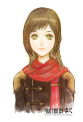 Rule 34 | 1girl, brown hair, copyright name, deuce (fft-0), final fantasy, final fantasy type-0, green eyes, j (onose1213), logo, long hair, red scarf, scarf, simple background, smile, solo, upper body, white background
