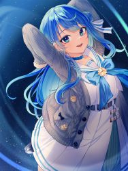 Rule 34 | 1girl, :d, absurdres, arms up, belt, blue bow, blue bowtie, blue choker, blue eyes, blue hair, bow, bowtie, cardigan, choker, commentary request, earrings, grey cardigan, hair bun, hair ribbon, highres, hololive, hoshimachi suisei, hoshimachi suisei (school uniform), jewelry, long hair, long sleeves, looking at viewer, open cardigan, open clothes, open mouth, pleated skirt, ribbon, sailor collar, senada37, shirt, single hair bun, skirt, sky, smile, solo, star (sky), star (symbol), star in eye, starry sky, symbol in eye, teeth, upper teeth only, virtual youtuber, white sailor collar, white shirt, white skirt