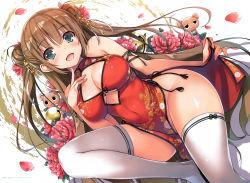 Rule 34 | 1girl, absurdres, bare shoulders, bell, blush, breasts, brown hair, china dress, chinese clothes, cleavage, cleavage cutout, clothing cutout, covered navel, curvy, double bun, dress, green eyes, hair bun, hair ornament, highres, huge filesize, large breasts, legs folded, long hair, looking at viewer, lying, on back, open mouth, smile, solo, thighhighs, tomose shunsaku, two side up, very long hair, white thighhighs, wide hips