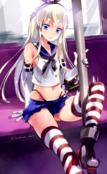 Rule 34 | 10s, 1girl, arm support, bare shoulders, blonde hair, blue eyes, crop top, detached sleeves, elbow gloves, gloves, grin, hairband, hayakawa akari, highleg, highleg panties, kantai collection, long hair, looking at viewer, miniskirt, panties, pole, shimakaze (kancolle), sitting, skirt, smile, solo, striped clothes, striped thighhighs, thighhighs, underwear