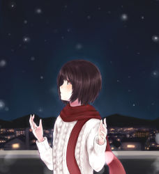 Rule 34 | 1girl, aran sweater, blurry, blush, bob cut, bokeh, brown eyes, brown hair, cable knit, cityscape, closed mouth, commentary, depth of field, from side, horizon, looking up, mountain, night, night sky, original, purea, railing, red neckwear, red scarf, scarf, short hair, sky, snowing, solo, sweater, upper body, w arms, white sweater, winter clothes