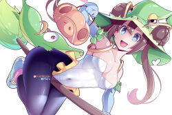 Rule 34 | 1girl, :d, alternate costume, bare shoulders, blue eyes, blue gloves, blue pantyhose, breasts, broom, broom riding, brown hair, cleavage, commentary, creature request, creatures (company), doughnut hair bun, elbow gloves, english commentary, game freak, gloves, green headwear, hair bun, halloween, hat, holding, hot vr, leotard, long hair, medium breasts, nintendo, open mouth, pantyhose, patreon username, pixiv username, pokemon, pokemon (creature), pokemon bw2, rosa (pokemon), simple background, smile, twintails, white background, white leotard, witch hat