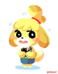 Rule 34 | 1girl, animal crossing, animated, animated gif, artist name, blonde hair, blush stickers, body fur, clipboard, dog girl, flying sweatdrops, furry, furry female, isabelle (animal crossing), nintendo, omocat, open mouth, simple background, skirt, solo, standing, tail, topknot, white background