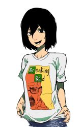 Rule 34 | 1girl, black hair, breaking bad, breasts, fire punch, hair between eyes, holding, holding clothes, holding shirt, looking at viewer, meme, mole, mole under eye, mole under mouth, open mouth, sen (sus pain), shirt, short hair, simple background, small breasts, smile, solo, togata (fire punch), walter white, white background, white shirt