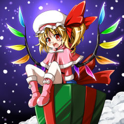 Rule 34 | 1girl, blonde hair, boots, capelet, christmas, female focus, flandre scarlet, full body, gift, gloves, hat, outdoors, pantyhose, ponytail, red eyes, santa costume, short hair, side ponytail, sitting, sky, solo, tajima yuuki, touhou, wings