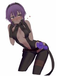 Rule 34 | 1girl, bandaged leg, bandages, belt, belt pouch, belt skirt, black gloves, black leotard, black pantyhose, blush, bodysuit, breasts, center opening, cleavage, cleavage cutout, closed mouth, clothing cutout, cropped legs, dark-skinned female, dark skin, embarrassed, fate/grand order, fate/prototype, fate/prototype: fragments of blue and silver, fate (series), fingerless gloves, floral print, from side, gloves, groin, hair between eyes, hairband, halterneck, hands on own cheeks, hands on own face, hands up, hassan of serenity (fate), heart, highleg, highleg leotard, leaning forward, legs apart, leotard, light smile, looking away, looking to the side, lowleg, lowleg pantyhose, medium breasts, ningen (ningen96), nose blush, pantyhose, pouch, purple eyes, purple hair, short hair with long locks, sidelocks, sketch, smile, solo, spoken heart, turtleneck, white background