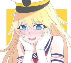 Rule 34 | 1girl, @ @, bad id, bad pixiv id, bare shoulders, blonde hair, blue eyes, blush, enterprise (warship girls r), face in hands, full-face blush, hands on own cheeks, hands on own face, hat, long hair, lulu heika, open mouth, peaked cap, solo, sweat, tears, upper body, warship girls r