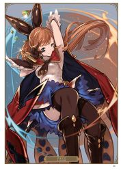 Rule 34 | 1girl, arm up, armpits, artist name, artist request, black footwear, black gloves, black thighhighs, blue skirt, boots, breasts, brown hair, cape, card (medium), character name, clarisse (granblue fantasy), floating hair, gloves, granblue fantasy, green eyes, hair ornament, highres, long hair, medium breasts, miniskirt, page number, ponytail, red cape, shirt, sitting, skirt, sleeveless, sleeveless shirt, solo, thighhighs, v, very long hair, white shirt
