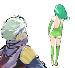 Rule 34 | 1boy, 1girl, accidental pervert, adjusting clothes, adjusting leotard, aged up, ass, detached sleeves, edward geraldine, final fantasy, final fantasy iv, final fantasy iv: the after years, green hair, green leotard, green thighhighs, leotard, long hair, mak neutral, mask, mouth mask, rydia (ff4), simple background, square enix, thighhighs, white background