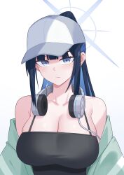 1girl armpit_crease bare_shoulders baseball_cap black_hair black_shirt black_tank_top blue_archive blue_eyes blue_hair blue_halo breasts cleavage collarbone expressionless green_jacket halo hat headphones headphones_around_neck jacket large_breasts liu_han long_hair looking_at_viewer multicolored_hair off-shoulder_jacket off_shoulder official_alternate_costume open_clothes open_jacket ponytail saori_(blue_archive) saori_(swimsuit)_(blue_archive) shirt sidelocks solo tank_top two-tone_hair white_hat