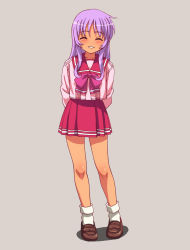 Rule 34 | 1girl, aris-existence, arms behind back, bad id, bad pixiv id, closed eyes, highres, himekawa kotone, long hair, purple hair, school uniform, simple background, smile, solo, standing, to heart, to heart (series)