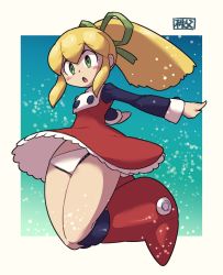 1girl blonde_hair blush boots border capcom chichibu_(watson) clothes_lift dress female_focus green_eyes green_ribbon hair_ribbon joints jumping mega_man_(classic) mega_man_(series) open_mouth panties ponytail red_dress ribbon robot_girl robot_joints roll_(mega_man) sidelocks skirt skirt_lift snow solo thighs underwear upskirt white_border white_panties