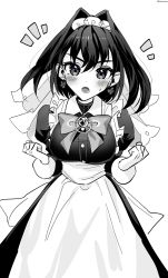 Rule 34 | 1girl, blush, bow, clenched hands, dot nose, frills, grey background, greyscale, hair between eyes, highres, hololive, hololive english, kimuouoo, looking at viewer, lower teeth only, maid, maid headdress, medium hair, monochrome, open mouth, ouro kronii, puffy sleeves, simple background, solo, sweat, teeth, tongue, turtleneck, twitter username, virtual youtuber