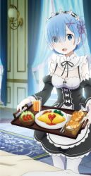 Rule 34 | 10s, 1girl, :d, blue eyes, blue hair, bread, breakfast, breasts, croissant, curtains, detached sleeves, egg, eyes visible through hair, food, frilled sleeves, frills, hair ornament, hair over one eye, highres, juice, ketchup, maid, maid headdress, matching hair/eyes, official art, omelet, omurice, open mouth, orange juice, pink ribbon, re:zero kara hajimeru isekai seikatsu, rem (re:zero), ribbon, ribbon-trimmed clothes, ribbon trim, salad, sausage, short hair, skirt, smile, solo, standing, table, tomato, white fox (company), white legwear, x hair ornament