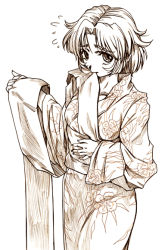 Rule 34 | 1girl, brown theme, hisahiko, japanese clothes, kimono, monochrome, mouth hold, obi, sash, short hair, solo