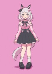 Rule 34 | 1girl, alternate costume, animal ears, blush, breasts, brown eyes, grey hair, hair ornament, hairclip, highres, hishi miracle (umamusume), horse ears, horse girl, horse tail, looking at viewer, medium breasts, medium hair, nenbutsu 0416, open mouth, pink background, shoes, simple background, solo, standing, tail, umamusume