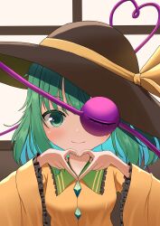 Rule 34 | 1girl, absurdres, black hat, blush, buttons, close-up, closed mouth, colored eyelashes, commentary, diamond button, eyelashes, frilled shirt collar, frilled sleeves, frills, green eyes, green hair, hands up, hat, hat ribbon, heart, heart hands, heart of string, highres, indoors, koishi day, komeiji koishi, long sleeves, looking at viewer, medium hair, one eye covered, ribbon, shirt, smile, solo, straight-on, third eye, touhou, tsurime, user uenp8737, wide sleeves, window, yellow ribbon, yellow shirt