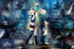 Rule 34 | 1boy, 1girl, aqua eyes, bad id, bad pixiv id, belt, blonde hair, boots, brother and sister, fingerless gloves, gloves, hair ornament, hair ribbon, hairclip, kagamine len, kagamine rin, microphone, microphone stand, one eye closed, ribbon, short hair, siblings, single glove, smile, soriku, tattoo, thighhighs, twins, vocaloid, wink