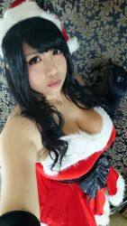 Rule 34 | 1girl, asian, black hair, breasts, chouzuki maryou, cosplay, hat, highres, large breasts, photo (medium), plump, santa costume, santa hat, solo