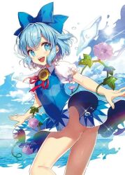 Rule 34 | 1girl, artist request, ass, blue bow, blue dress, blue eyes, blue hair, bow, cirno, detached wings, dress, flower, hair bow, horizon, ice, ice wings, looking at viewer, no panties, ocean, open mouth, outdoors, pink flower, short hair, short sleeves, solo, sunflower, teeth, third-party source, touhou, upper teeth only, wind, wind lift, wings
