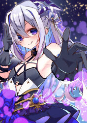 Rule 34 | 1girl, absurdres, amane kanata, amane kanata (another world), batarop, blue hair, collar, flat chest, gloves, grey hair, hair between eyes, hair bun, highres, hololive, long hair, looking at viewer, official alternate costume, purple background, purple eyes, skirt, solo, strapless, tongue, tongue out, tube top, virtual youtuber, wings