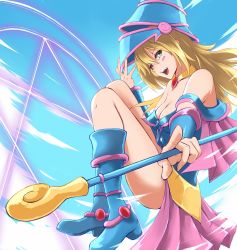 Rule 34 | &gt;:d, 1girl, :d, bare shoulders, blonde hair, blue footwear, blush, blush stickers, boots, breasts, capelet, choker, cleavage, dark magician girl, den (kur0 yuki), duel monster, foreshortening, from side, full body, green eyes, hat, highres, knees up, legs, long hair, looking at viewer, looking to the side, magic, magical girl, off-shoulder shirt, off shoulder, open mouth, pentacle, pink skirt, pointing, pointing at viewer, shirt, showgirl skirt, sidelocks, skirt, sky, small breasts, smile, solo, staff, v-shaped eyebrows, wizard hat, yu-gi-oh!