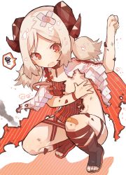 Rule 34 | 1girl, absurdres, arknights, bandaid, bandaid on head, bandaid on knee, bandaid on leg, blonde hair, burnt clothes, choker, covering privates, covering breasts, fang, highres, horns, ifrit (arknights), kokemoco, nail polish, red eyes, short twintails, solo, squatting, toeless footwear, twintails, v-shaped eyebrows, white background