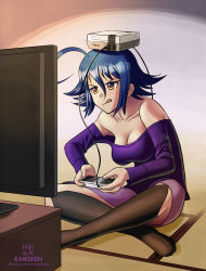 Rule 34 | 1girl, :q, ahoge, artist name, bare shoulders, black thighhighs, blue hair, blush, breasts, brown eyes, cleavage, closed mouth, controller, famicom, frown, full body, game console, game controller, gamepad, hair between eyes, highres, holding, huge ahoge, indian style, kami mitsugu (kamiken), long sleeves, medium breasts, nes, off-shoulder shirt, off shoulder, on head, original, playing games, purple shirt, purple skirt, shirt, sitting, skirt, solo, tatami, television, thighhighs, tongue, tongue out, watermark, web address