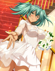 Rule 34 | 1girl, ;), aqua hair, bouquet, breasts, breasts apart, cowboy shot, diadem, dress, floating hair, flower, grey eyes, hair between eyes, holding, holding bouquet, ikkitousen, large breasts, layered dress, lens flare, long hair, looking at viewer, one eye closed, outstretched hand, ryofu housen, short dress, smile, solo, sparkle, stairs, twintails, wedding dress, white dress, white flower
