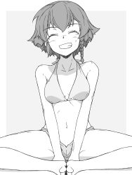 Rule 34 | 1girl, absurdres, bikini, bikini shorts, braid, breasts, closed eyes, commentary, facing viewer, girls und panzer, greyscale, grin, hair tie, highres, indian style, knees apart feet together, medium breasts, monochrome, navel, pepperoni (girls und panzer), renshiu, short hair, shorts, side braid, sitting, smile, solo, sweatdrop, swimsuit, v arms